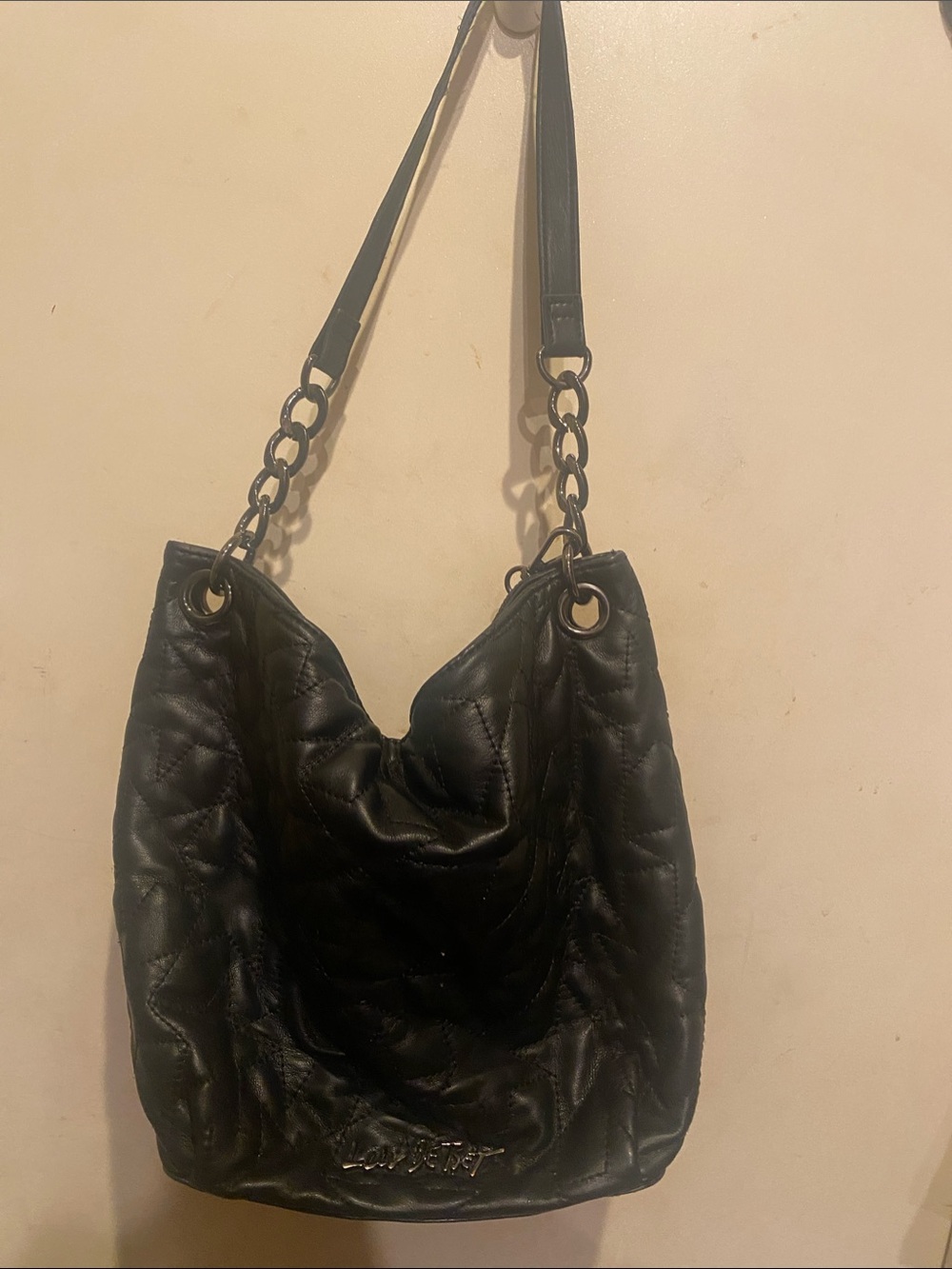 Betsey Johnson Black Quilted Chain-Handle Hobo Bag